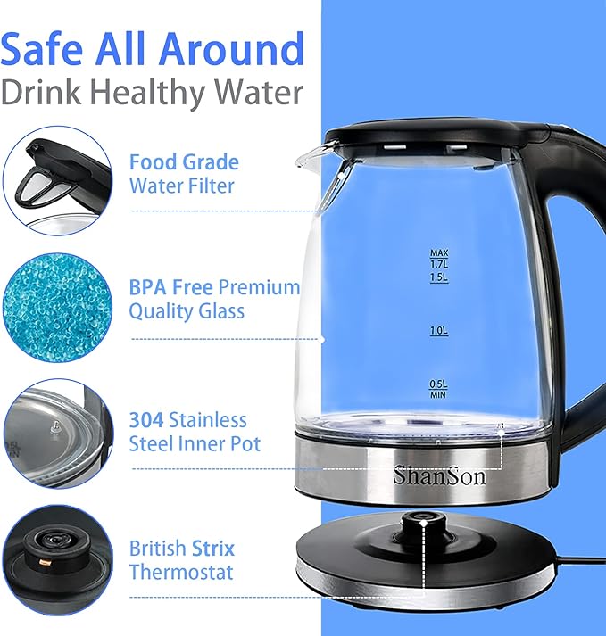 ShanSon 1.7L Electric Glass Kettle 1500W Temperature Control Fast Water Boiler BPA Free Auto Shut-off Protection Electric Teapot with Led Touch Screen and Two-year Quality Guarantee