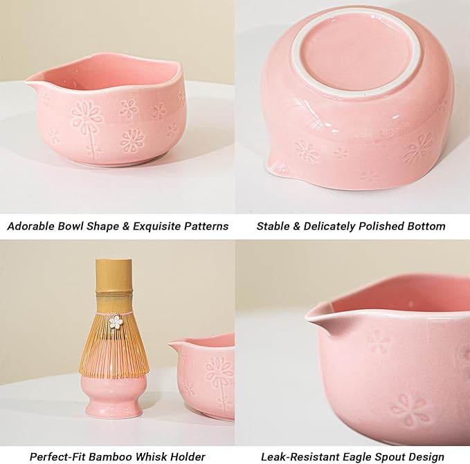 8 Pcs Matcha Whisk Set, Ceramic Matcha Bowl, Whisk and Holder, Bamboo Scoop and Powder Spoon, Scoop Rest, Sifter and Tea Towel, Matcha Set with Cherry Blossom Carved Patterns for Matcha Lovers (Pink)
