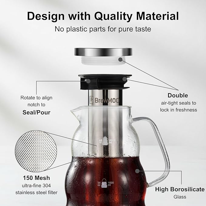 BrewMOO- Cold Brew Coffee Maker (2.0L/68Oz), Sleek Wave Borosilicate Glass Pitcher with Stainless Steel Filter, Airtight Lid + Wide Spout + Comfort Handle, Effortless Manual, Sophisticated Gift