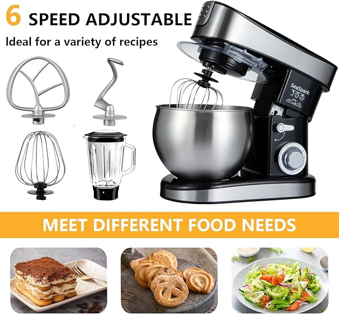 Multifunctional Stand Mixer 6.3Qt 6-Speed Tilt-head, Electric Kitchen Mixer with Stainless Steel Bowl,Meat Grinder, Juice Blender (Black)