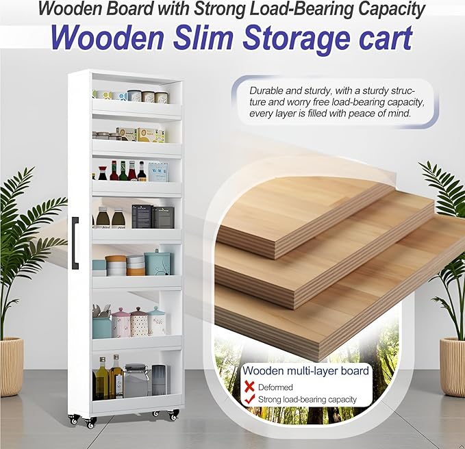 7-Tier Slim Storage Cart, Wooden Rolling Pantry Cabinet with Wheels, Narrow Shelf Organizer for Kitchen, Bakers Rack, Dining Room, Closet, Small Spaces Warm White 73.2" H*9.8" W*23.6" D