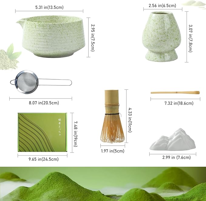 Matcha Whisk Set, Ceramic Matcha Set with Spout, Matcha Bowl Kit with Sifter, Whisk and Holder, Bamboo Scoop, Scoop Rest, Tea Towel, 7 Pcs Matcha Kit Set for Making Breakfast/Latte for Matcha Lovers