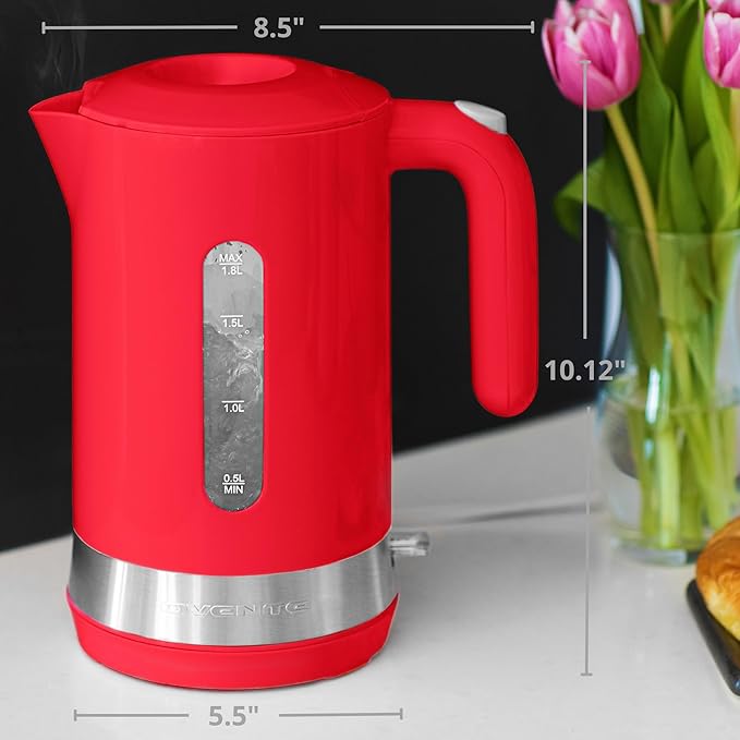 OVENTE 1.8L Electric Kettle, 1500W Fast Boiling Heater for Coffee or Tea, BPA Free, Easy to Fill Lid, Water Level Window, Auto Shut-Off, Boil-Dry Protection and Removable Filter, Red KP413R