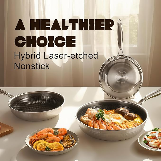 Hybrid 12 inch Stainless Steel Non Stick Skillet,Frying Pans Nonstick, PFOA Free Cookware, Dishwasher and Oven Safe, Induction Compatible