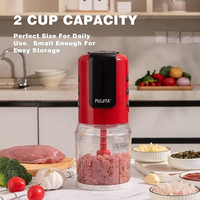 Mini Prep Food Processor 2 Cup Small Electric Food Chopper 2 Speed for Vegetables, Meat, Fruits and Nuts with 4 Stainless Steel Blades, 400-Watt, Red