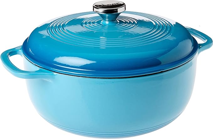 Lodge 6 Quart Enameled Cast Iron Dutch Oven with Lid – Dual Handles – Oven Safe up to 500° F or on Stovetop - Use to Marinate, Cook, Bake, Refrigerate and Serve – Cornflower Blue