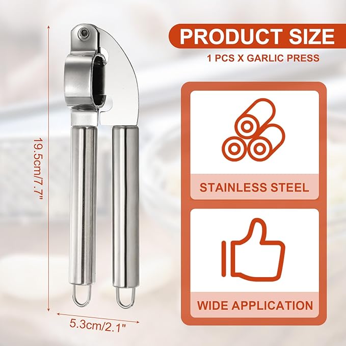 uxcell Garlic Press, 7.7 Inch Stainless Steel Garlic Crusher and Peeler Set for Home Cooks and Professional Chefs, Silver