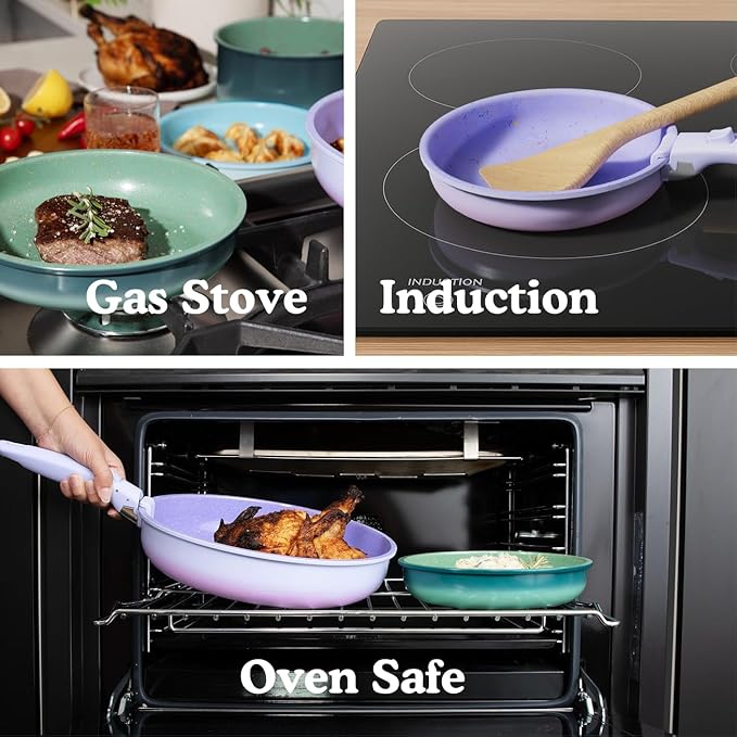 Ombré Ceramic Titanium Non-Toxic, Nonstick Cookware Set 8-Piece Modular System with Removable Handle and Magnetic Lid, Magnetic Spatula, Eco-Friendly, Oven & Dishwasher Safe (Green)