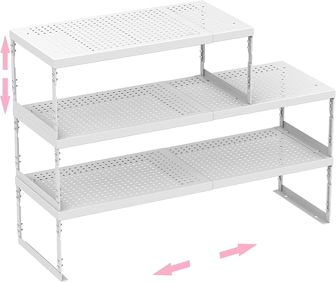 Stackable Expandable Metal Shelf Organizer - Adjustable Wire Storage Rack with Holes for Kitchen, Bathroom, Cabinet, Office - Space Saving, Durable & Sturdy Design（3PACKS/Large/White