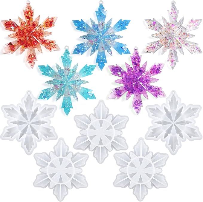 Sakolla 5 Pieces Christmas Silicone Resin Molds 3D Snowflake Molds Silicone Epoxy Casting Resin Mould for DIY Christmas Ornament Jewelry Pendant Decoration, Keychain