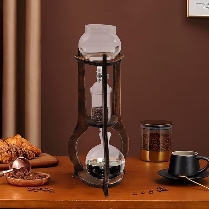 Cold Brew Coffee Maker, 600 ml/20.29 oz Iced Coffee Tower Dripper Coffee Maker & Tea Maker 6-8 Cups, High Borosilicate Glass, Wood, 304 Stainless Steel, Copper - for Home Office (Brown)
