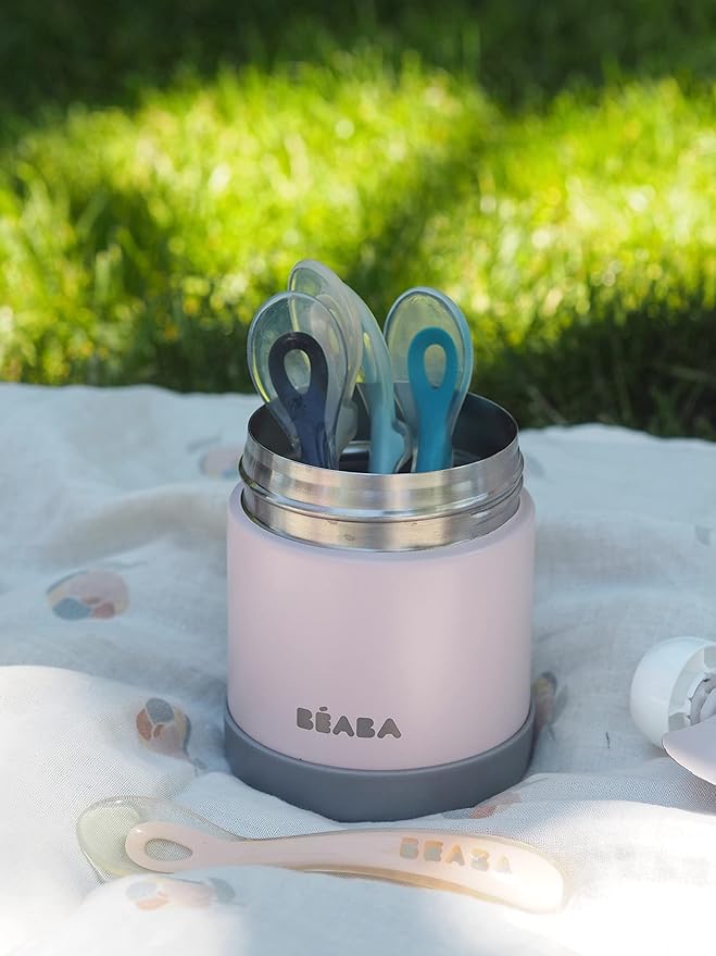 Beaba Stainless Steel Insulated Food Jar 10 oz, Kids Thermos, Lunch Containers, Leakproof, Wide Opening, Suitable for Hot and Cold Foods (Rose)