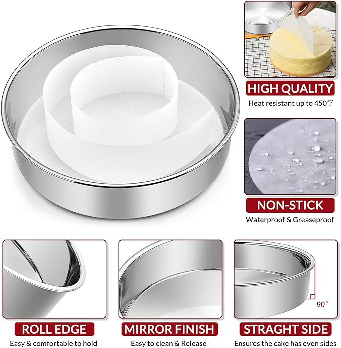 9½ Inch Cake Pan Set of 3, E-Far Stainless Steel Round Layer Cake Baking Pans with Parchment Rounds & Side Liner Roll, Non-Toxic & Healthy Metal Cakes Tin, Straight Side & Dishwasher Safe