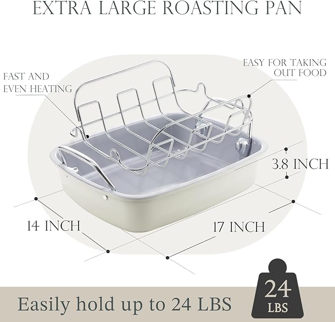 KITESSENSU Nonstick Turkey Roasting Pan with Rack 17 x 14 inch - Large Chicken Roaster Pan for Oven - Wider Handles & Heavy Duty Construction - Suitable for 24lb Turkey, Cream