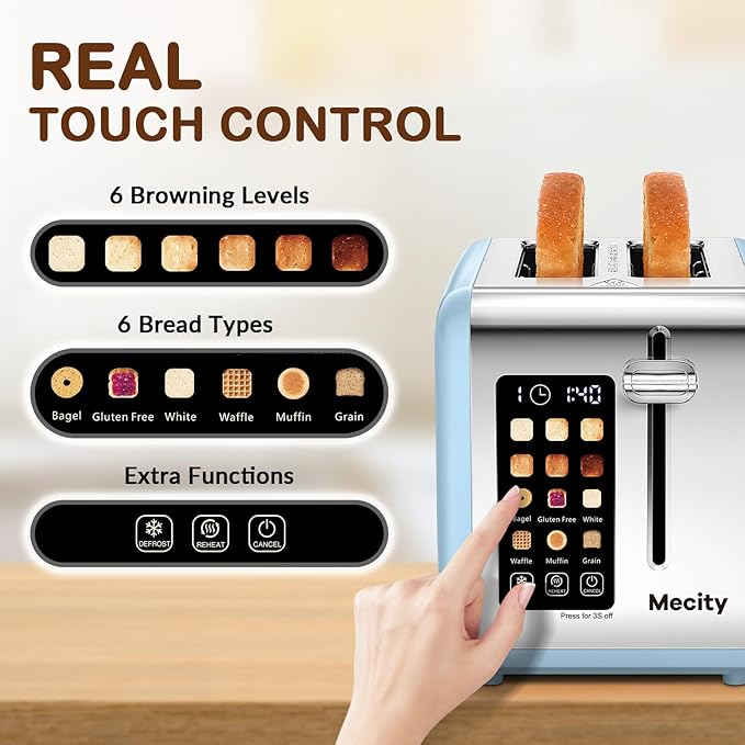 Mecity 2 Slice Touch Screen Toaster, 1.5" Wide Slot, Stainless Steel Smart Toaster for Bagels, Muffins, Waffles, Gluten-Free Breads, Defrost, Reheat, Timer, 120V 825W, Ice Blue