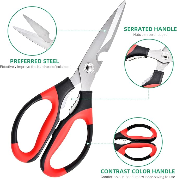 Multipurpose kitchen scissors, heavy duty meat poultry scissors, spice scissors, food cooking scissors, stainless steel utility scissors (2, red)