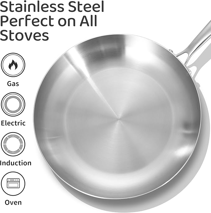 LOLYKITCH 8-10-12 Inch Tri-Ply Stainless Steel Frying Pan Set of 3,Chef's Pans,Skillets,Induction Cookware,Pots and Pans Set,Dishwasher and Oven Safe.