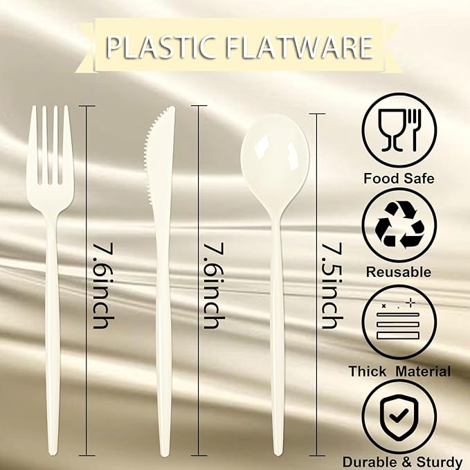 Supernal 180pcs Plastic Silverware Heavy Duty Ivory Plastic Utensils Cutlery Disposable Beige Plastic Cutlery Include 60 Plastic Forks,60 Plastic Knvies,60 Plastic Spoons for Party,Wedding