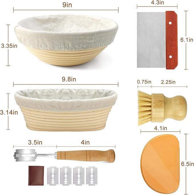 Sourdough Bread Baking Supplies: 9 Inch Round & 10 Inch Oval Banneton Bread Proofing Baskets w/Liner, Bread Lame, Dough Scrapers, Cleaning Brush, Artisan Bread Making Gifts for Bakers