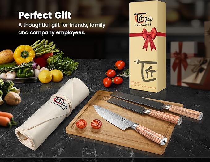 14pcs Chef Knife Set with Roll Bag, Professional Stainless Steel Japanese Knife Set with Pakkawood Handle for Professional Chef, Camping, Travel, BBQ, RV or Gift Beige