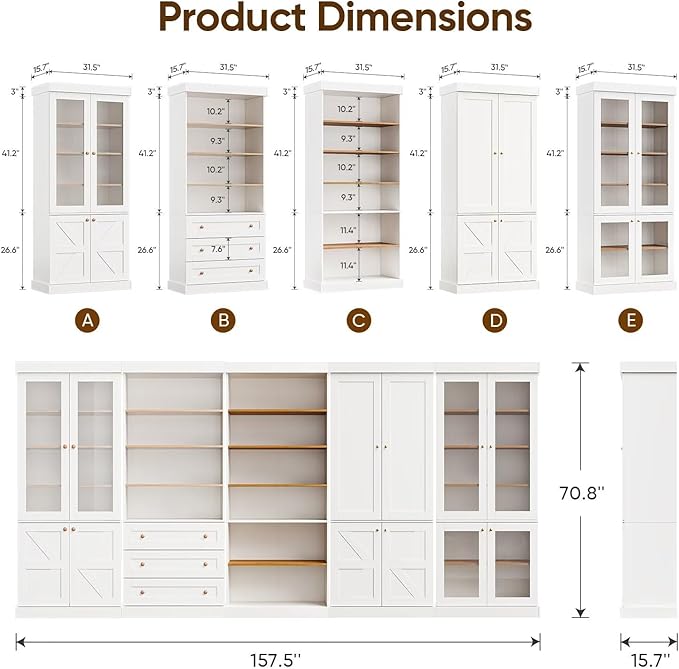70.8" Tall Farmhouse Bookshelf with Glass Doors, Modular Bookcase with 6-Tier Adjustable Shelves, Large Storage Cabinet for Kitchen, Living Room, White, Set of 4
