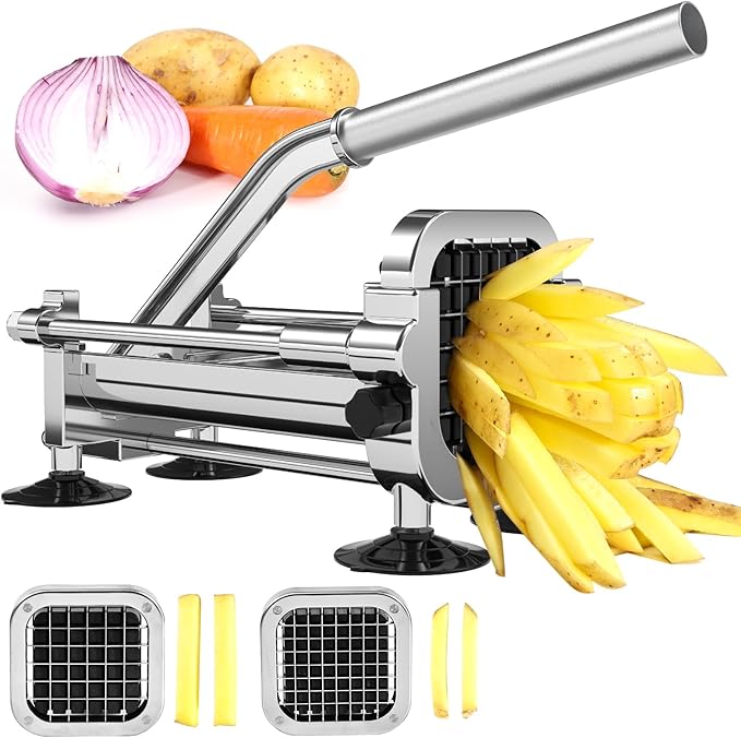 French Fry Cutter, Stainless Steel Potato Cutter with 1/2 Inch and 3/8 Inch Blades, (Manual Cutter, 1/2'' & 3/8'' Blade)