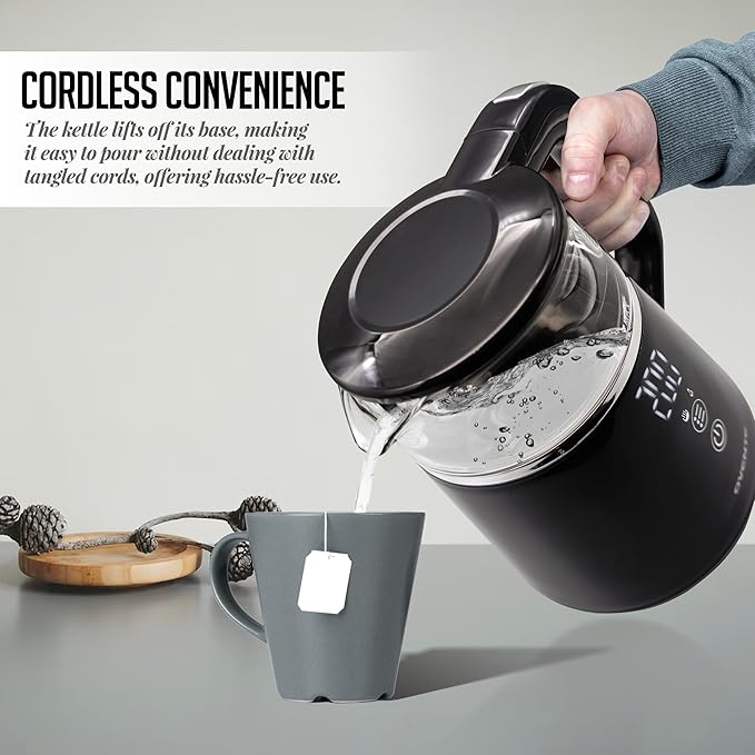 OVENTE 1L Small Electric Kettle with 5 Temperature Preset, Digital Display, 5Hr Keep Warm, Auto Shut-Off, Double-Wall Cool Touch Exterior, Borosilicate Glass,1500W BPA Free Water Boiler, Black KD95B