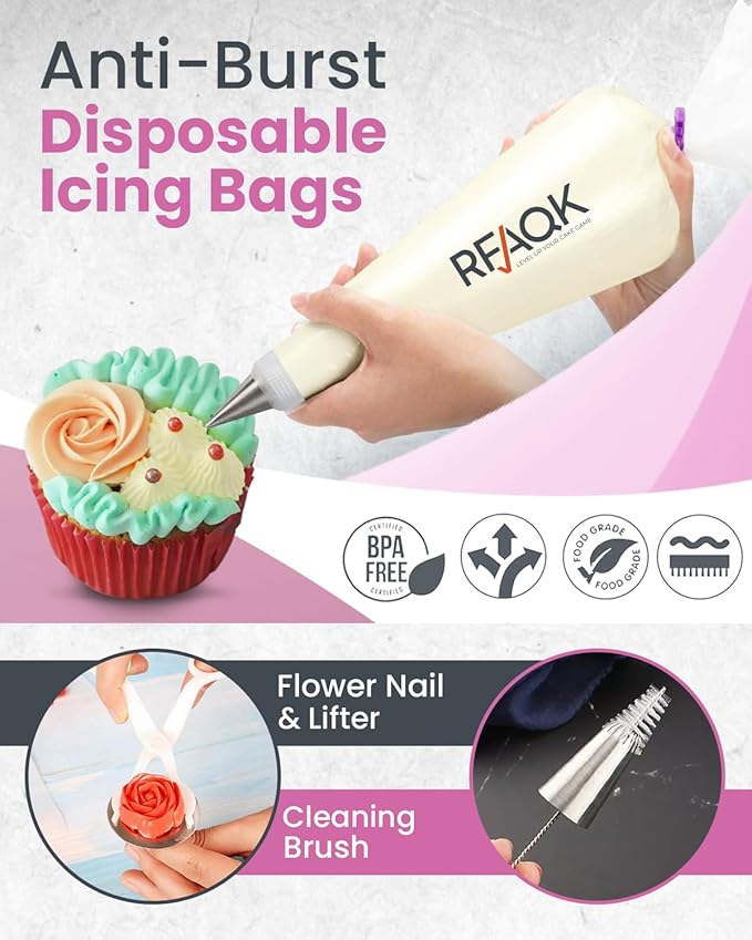 RFAQK 74 PCs Icing Piping Bags and Tips Set, Cake Decorating Kit with 48-Numbered Piping Tips, 20+1 Pastry Bags for Cookie Cupcake Cake Decoration, with Booklet and E-book (Pink)