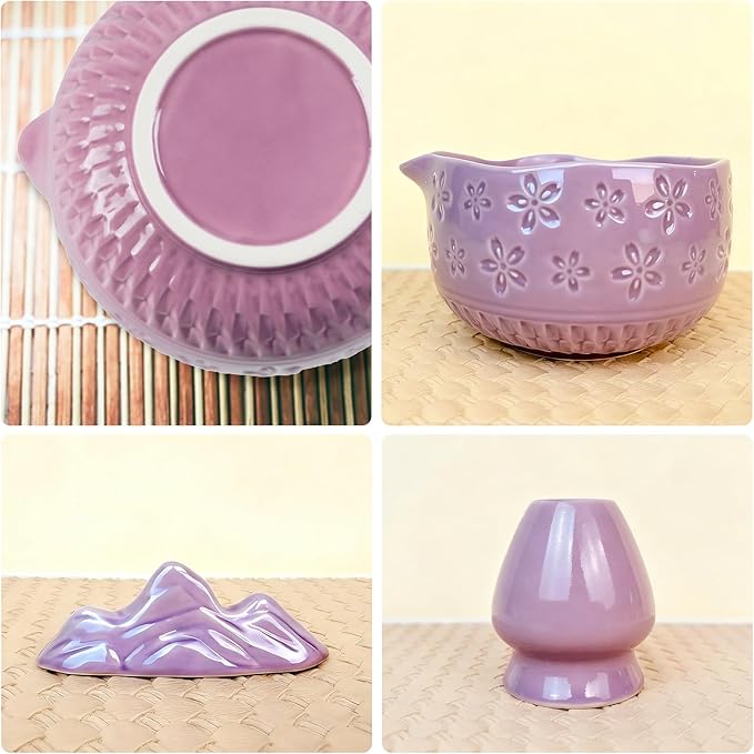 Matcha Set–7-Piece Set Including Matcha Bowl with Spout, Whisk, Chasen Holder, Sifter, Bamboo Scoop with Stand, wood spoon(Cherry Blossom Purple)–Perfect for Matcha Lovers&Tea Ceremonies