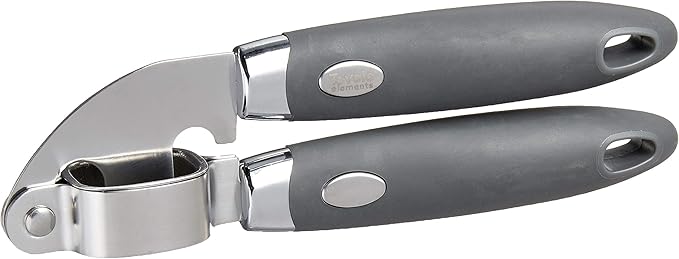 Tovolo Garlic Press Stainless Steel Mincer and Crusher Squeeze Silicone Comfort Grip, Dishwasher Safe, Removable Chamber for Easy Clean, One Charcoal