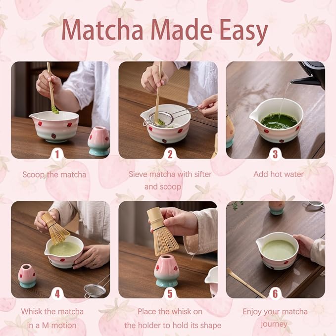 Matcha Whisk Set, Matcha Bowl with Spout, Matcha Whisk and Holder, Bamboo Matcha Scoop and Stainless Sifter,Ceramic Matcha Bowl(Pink Green)