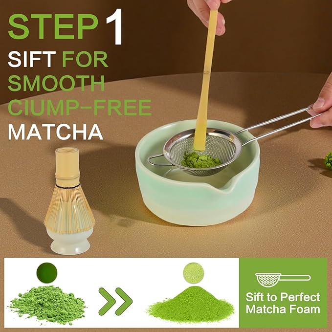 Matcha Whisk Set, 5pcs Japanese Ceremony Matcha Tea Kit Includes Ceramic Matcha Bowl with Spout, Bamboo Whisk & Holder, Traditional Scoop, Stainless Sifter, Gift for Matcha Lovers Beginner