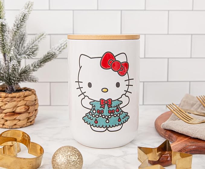 Hello Kitty Sanrio Holiday Ceramic Snack Jar Container With Lid | Kitchen Food Storage For Cookies, Candy | 7 Inches Tall