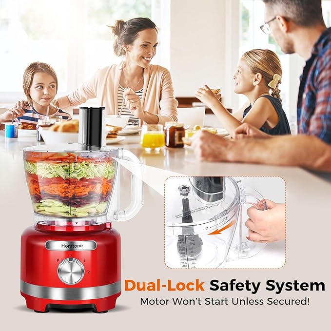Homtone 16 Cup Food Processor Large, 9 Functions 7 Blades 3 Speeds for Shredding, Slicing, Making French Fries, Chopping Meat, Kneading Dough & Emulsifying, 600W, Red