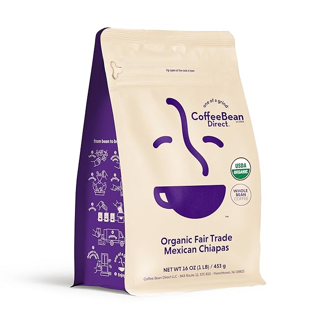 Coffee Bean Direct Organic Fair Trade Mexican Chiapas, Whole Bean Coffee, Light Roast, 1 Pound Bag (Pack of 1)