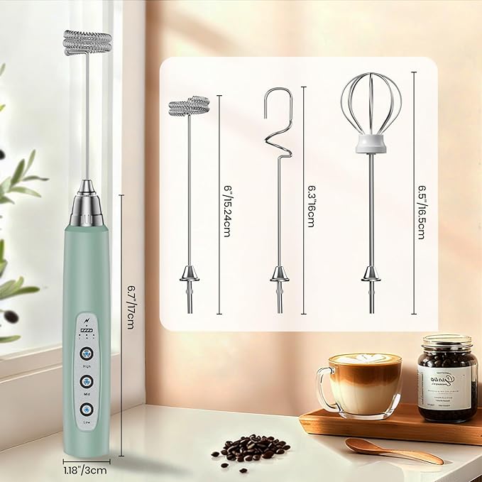 Milk Frother Handheld Rechargeable, Frother Wand Drink Mixer Electric Whisk for Coffee, Detachable With 3 Stainless Whisks, Hand Mixer for Lattes, Cappuccino, Matcha, No Stand, Sage Green