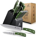 15 Piece Block Knife Set, 15pc Cutlery Knife Set with Steel Blades for Precise Cutting, Lightweight, Stainless Steel, Durable & Dishwasher Safe, Black-Green