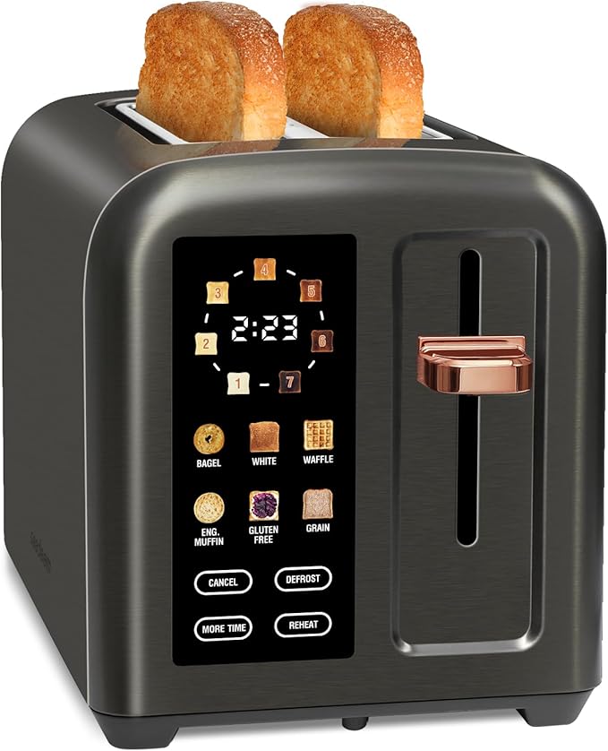SEEDEEM Toaster 2 Slice, Touch Control Stainless Toaster LCD Display, 50% Faster Heating Speed, 1.4'' Wide Slots, More Timer Functions, Removable Crumb Tray, 1350W, Dark Metallic