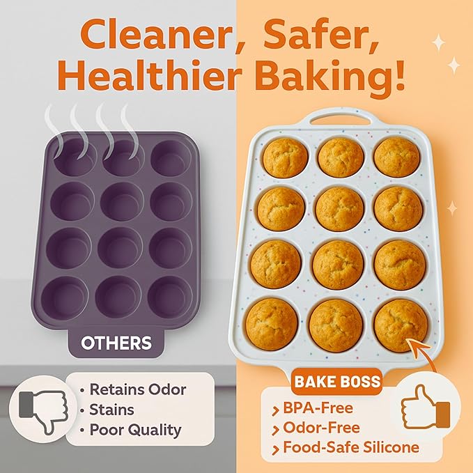12-Cup Silicone Muffin Pan with Metal-Reinforced Handles – Nonstick, Non-Toxic Cupcake Pan for Baking – Easy-Release, BPA-Free, Dishwasher-Safe Silicone Muffin Tray - 1 PACK - CREAM
