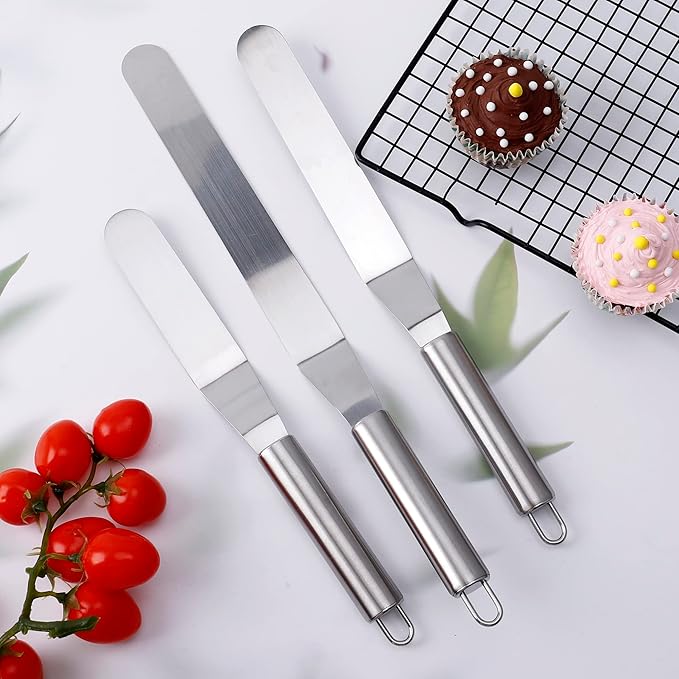 Cake Spatula Set – 6", 8", 10" Stainless Steel Offset & Straight Icing Spatulas for Cake Decorating and Frosting (Curved)