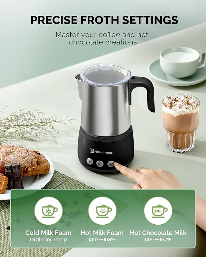 Maestri House Milk Frother, 4-in-1 Electric Milk Steamer and Frother, 16.9OZ 600W Smart Touch Control Hot and Cold Foam Maker, Memory Function for Latte, Cappuccinos, Warm Milk, Hot Chocolate Milk