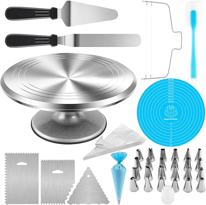 12 Inch Aluminium Rotating Cake Stand Turntable, Cake Decorating Kit Supplies with Icing Piping Tips, Frosting Spatulas, Pastry Bags, Scrapers and Other Cake Decorating Tools (85Pcs)