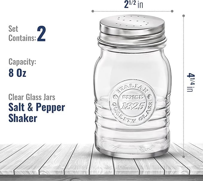 Bormioli Rocco Officina 1825 Salt And Pepper Shaker, Set Of 2, Clear, 8 Oz. Stain Resistant, Durable Glass Jars, Dishwasher Safe.