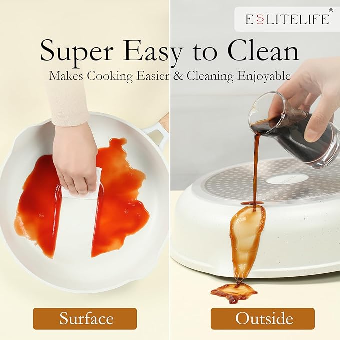 ESLITE LIFE Nonstick Ceramic Frying Pan Skillet with Lid, Non-Toxic Egg Omelette Kitchen Cooking Pans Compatible with All Stovetops (Gas, Electric & Induction), PTFE & PFOA Free (White, 8" w/Lid)