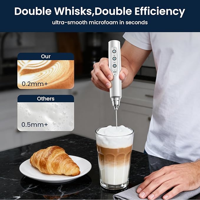 Milk Frother with Stand Rechargeable-Handheld Frother Wand with 3 Stainless Whisks 3 Speed Adjustable, Electric Whisk Drink Mixer, Foam Maker Blender for Matcha Latte Cappuccino Chocolate