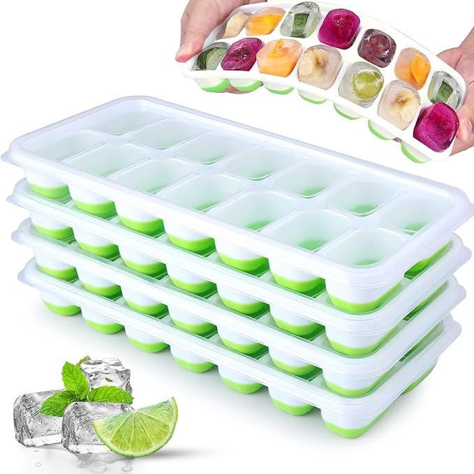 Silicone Ice Cube Tray, Jrisbo 4 Pack Easy-Release & Flexible 14-Ice Cube Trays with Spill-Resistant Removable Lid, Stackable Ice Trays with Covers for Freezer, Cocktail (Green)