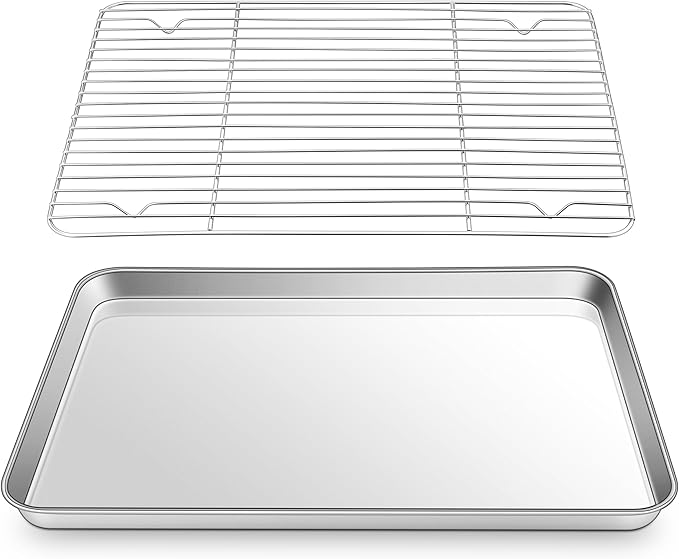 16 Inch Baking Sheet Pan with Rack Set, Joyfair Stainless Steel Toaster Oven Pans Tray & Cooling Racks for Cookie/Jelly Roll/Bacon/Meat, Commercial Metal & Rust-free, Dishwasher Safe