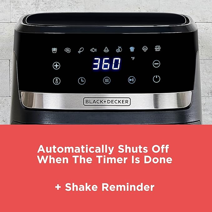 BLACK+DECKER Purifry 4QT Air Fryer, Timer with Auto Shut-off and Shake Reminder, Digital LED Touchscreen and 9 Presets, 1300W up to 400 F, Dishwasher Safe Parts