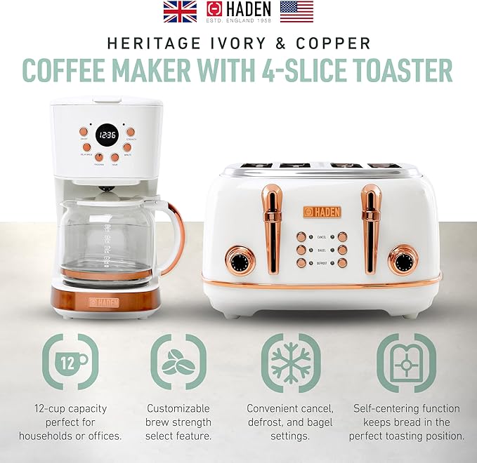 Haden Heritage 4 Slice Wide Slot Stainless Steel Toaster Bundled with 12 Cup Programmable Drip Coffee Maker Coffee Machine, Ivory & Copper