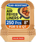 250 Pcs 8" Square Air Fryer Liners Disposable, Unbleached Parchment Paper Liners for Airfryer Basket, Non-Stick & Leakproof Baking Paper for Oven Roasting